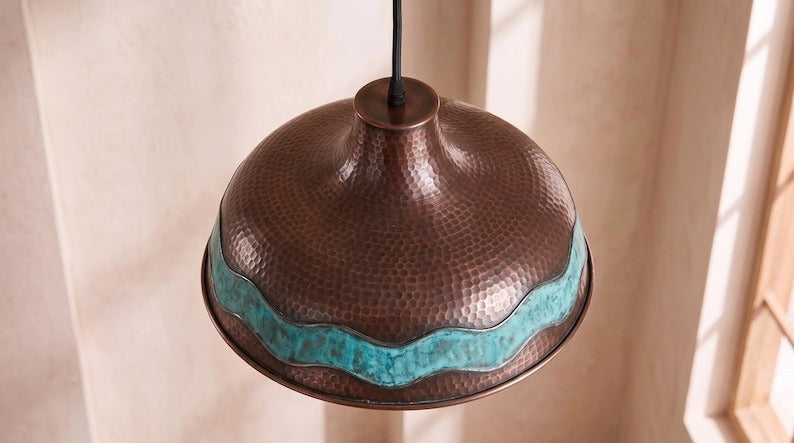 Handmade Moroccan Brass Pendant Light – Hammered Copper Dome Ceiling Lamp with Verdigris Wave Band and Rustic Artisan Patina