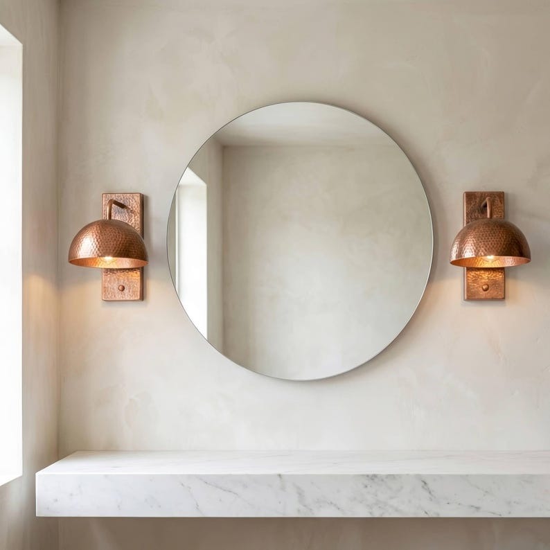 Handmade Moroccan Brass Wall Sconce – Hammered Copper Brass Dome Wall Light with Rectangular Backplate, Rustic Gooseneck Lamp for Bedroom, Hallway, Entryway & Living Room