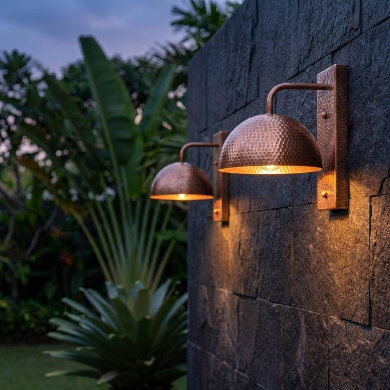 Handmade Moroccan Brass Wall Sconce – Hammered Copper Brass Dome Wall Light with Rectangular Backplate, Rustic Gooseneck Lamp for Bedroom, Hallway, Entryway & Living Room
