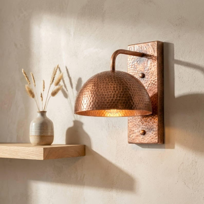 Handmade Moroccan Brass Wall Sconce – Hammered Copper Brass Dome Wall Light with Rectangular Backplate, Rustic Gooseneck Lamp for Bedroom, Hallway, Entryway & Living Room