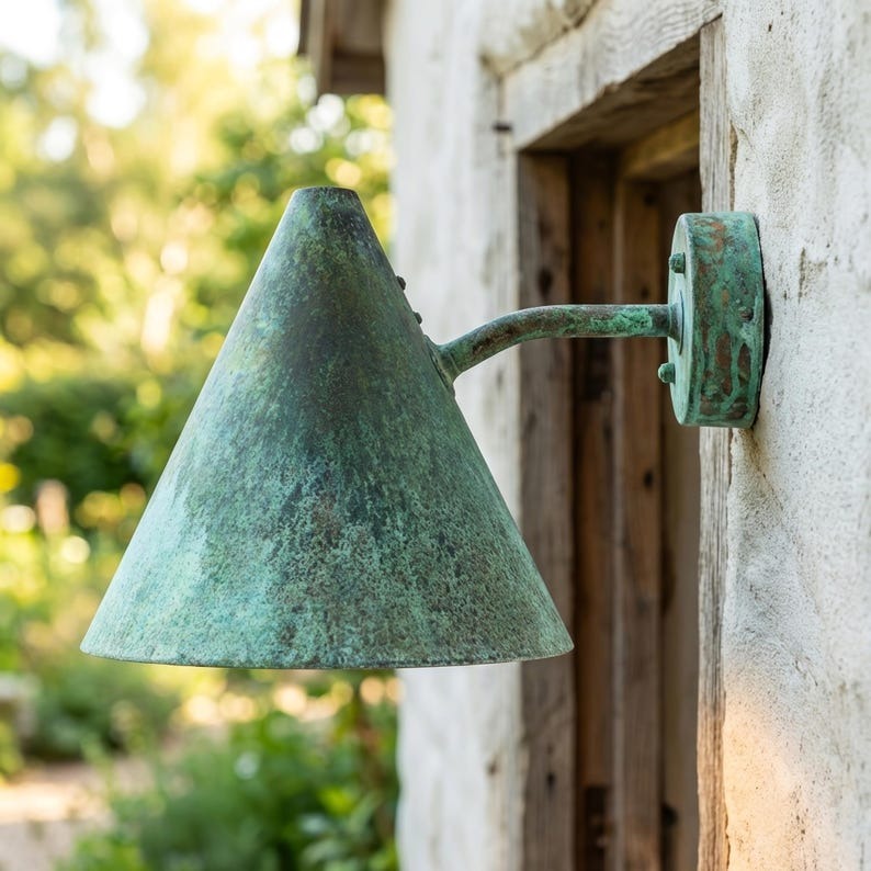 Handmade Moroccan Brass Cone Wall Sconce – Green Verdigris Patina Wall Light with Curved Arm, Mediterranean Farmhouse Lamp for Covered Patio, Entryway, Hallway & Bedroom