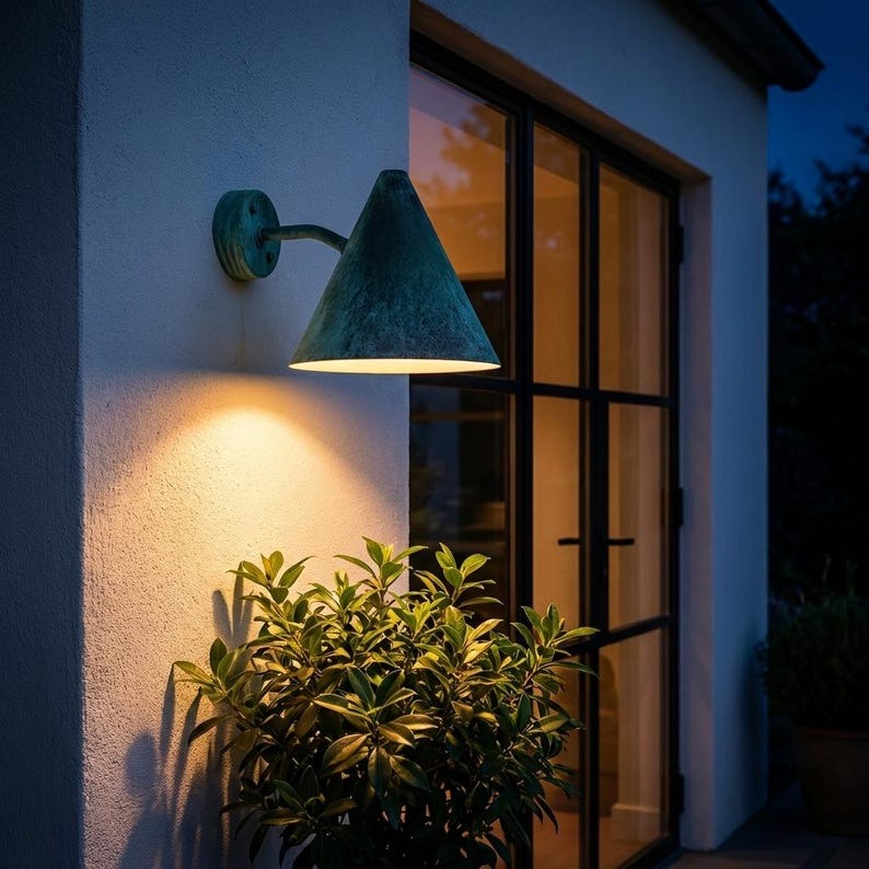 Handmade Moroccan Brass Cone Wall Sconce – Green Verdigris Patina Wall Light with Curved Arm, Mediterranean Farmhouse Lamp for Covered Patio, Entryway, Hallway & Bedroom