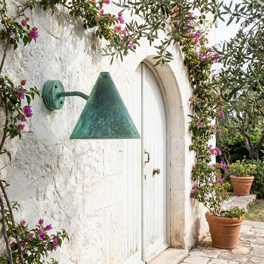 Handmade Moroccan Brass Cone Wall Sconce – Green Verdigris Patina Wall Light with Curved Arm, Mediterranean Farmhouse Lamp for Covered Patio, Entryway, Hallway & Bedroom