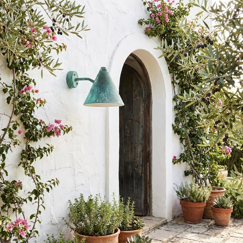 Handmade Moroccan Brass Cone Wall Sconce – Green Verdigris Patina Wall Light with Curved Arm, Mediterranean Farmhouse Lamp for Covered Patio, Entryway, Hallway & Bedroom