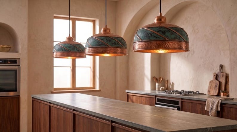 Handmade Moroccan Brass Pendant Light – Hammered Copper Dome Ceiling Lamp with Verdigris Patina, Spiral Brass Bands & Rustic Artisan Finish