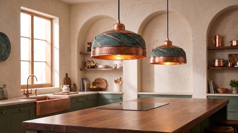 Handmade Moroccan Brass Pendant Light – Hammered Copper Dome Ceiling Lamp with Verdigris Patina, Spiral Brass Bands & Rustic Artisan Finish