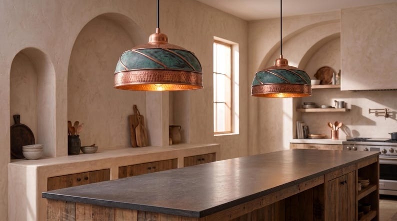 Handmade Moroccan Brass Pendant Light – Hammered Copper Dome Ceiling Lamp with Verdigris Patina, Spiral Brass Bands & Rustic Artisan Finish