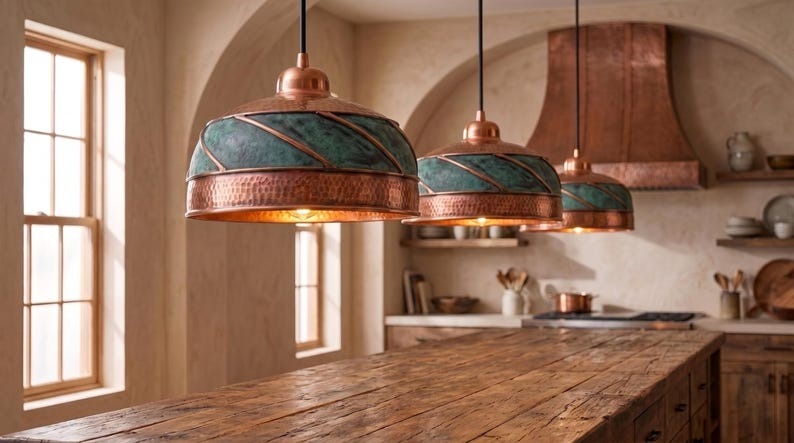 Handmade Moroccan Brass Pendant Light – Hammered Copper Dome Ceiling Lamp with Verdigris Patina, Spiral Brass Bands & Rustic Artisan Finish