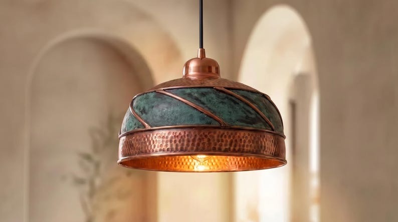 Handmade Moroccan Brass Pendant Light – Hammered Copper Dome Ceiling Lamp with Verdigris Patina, Spiral Brass Bands & Rustic Artisan Finish