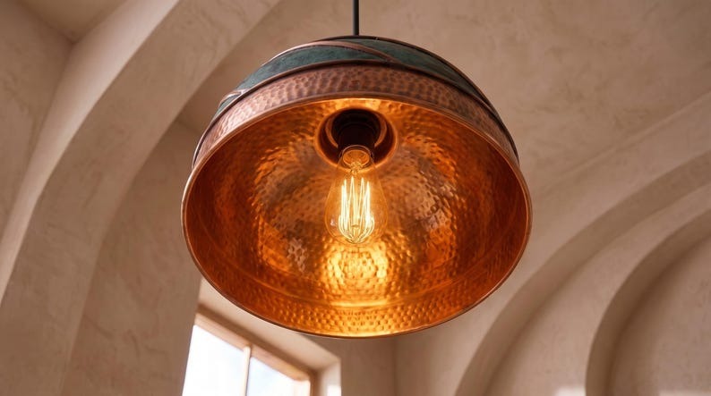 Handmade Moroccan Brass Pendant Light – Hammered Copper Dome Ceiling Lamp with Verdigris Patina, Spiral Brass Bands & Rustic Artisan Finish