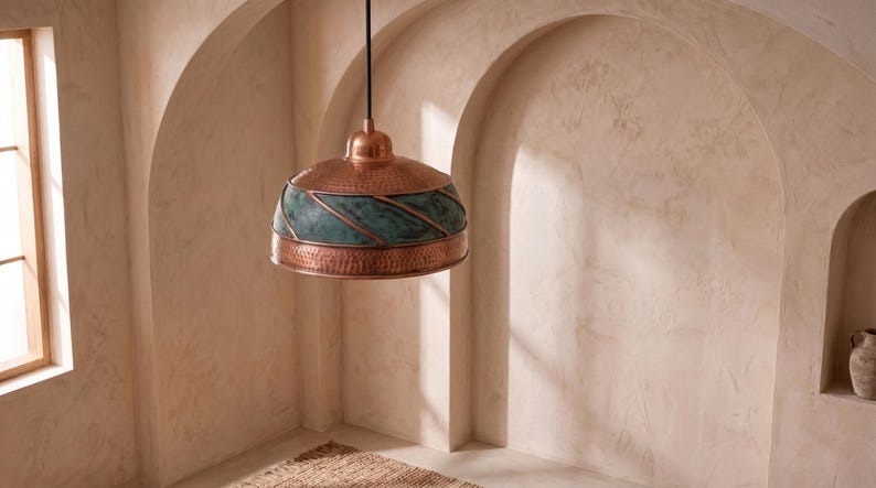 Handmade Moroccan Brass Pendant Light – Hammered Copper Dome Ceiling Lamp with Verdigris Patina, Spiral Brass Bands & Rustic Artisan Finish