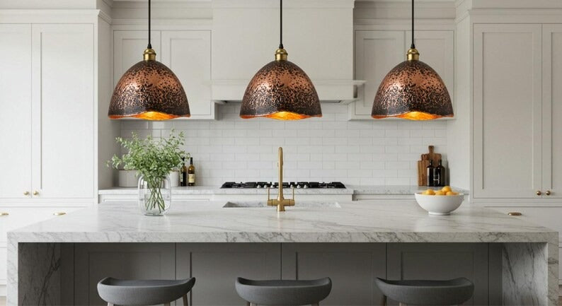 Handmade Aged Brass Pendant Light – Moroccan Copper Dome Hanging Lamp with Black Patina Finish for Kitchen Island, Dining Room & Boho Home Décor
