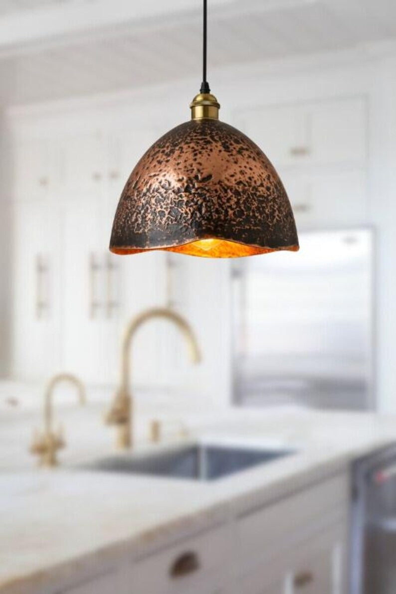 Handmade Aged Brass Pendant Light – Moroccan Copper Dome Hanging Lamp with Black Patina Finish for Kitchen Island, Dining Room & Boho Home Décor