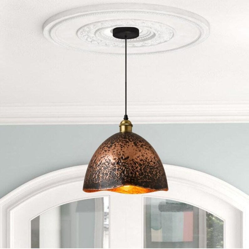 Handmade Aged Brass Pendant Light – Moroccan Copper Dome Hanging Lamp with Black Patina Finish for Kitchen Island, Dining Room & Boho Home Décor