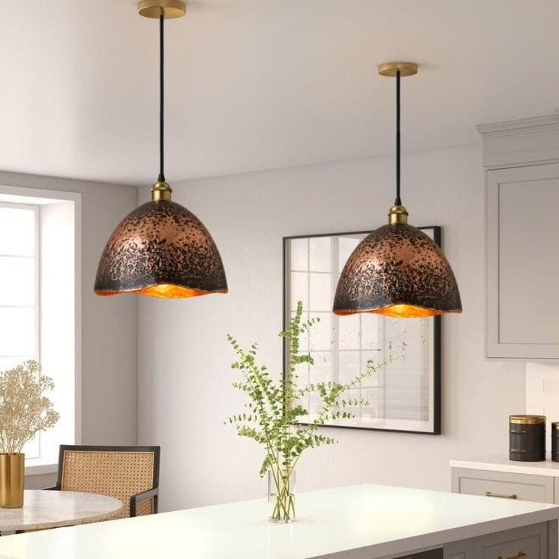 Handmade Aged Brass Pendant Light – Moroccan Copper Dome Hanging Lamp with Black Patina Finish for Kitchen Island, Dining Room & Boho Home Décor