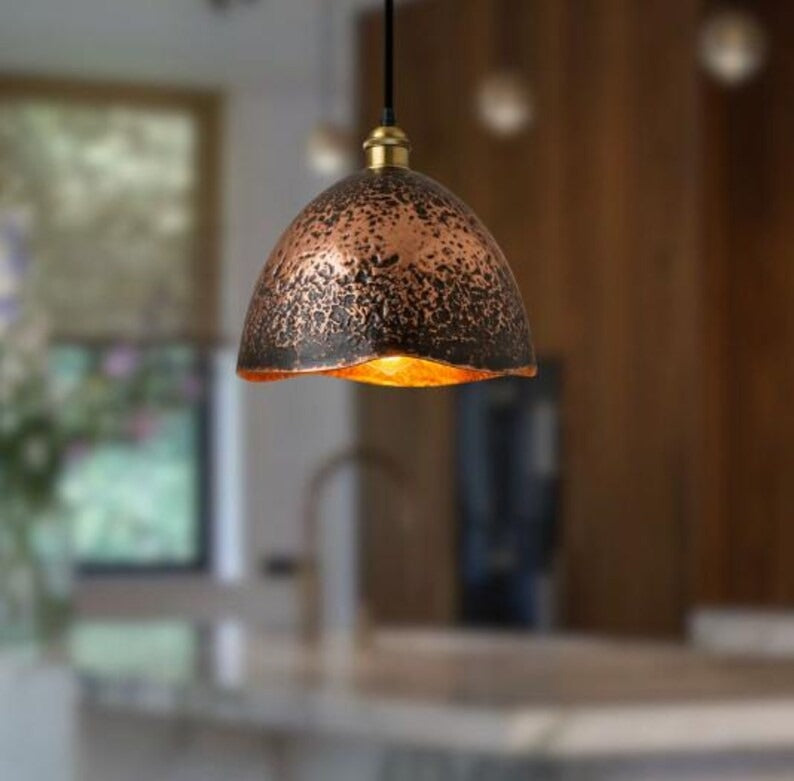 Handmade Aged Brass Pendant Light – Moroccan Copper Dome Hanging Lamp with Black Patina Finish for Kitchen Island, Dining Room & Boho Home Décor
