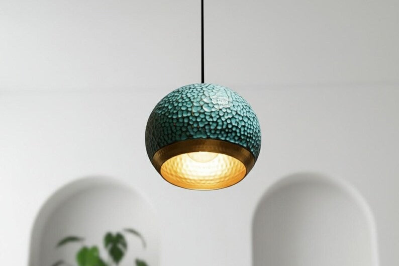 Handmade Moroccan Brass Globe Pendant Light – Hammered Turquoise Patina Brass Hanging Lamp with Warm Gold Interior, Boho Mediterranean Ceiling Light for Kitchen Island, Dining Room, Bedroom & Entryway