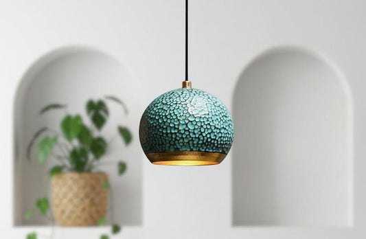Handmade Moroccan Brass Globe Pendant Light – Hammered Turquoise Patina Brass Hanging Lamp with Warm Gold Interior, Boho Mediterranean Ceiling Light for Kitchen Island, Dining Room, Bedroom & Entryway