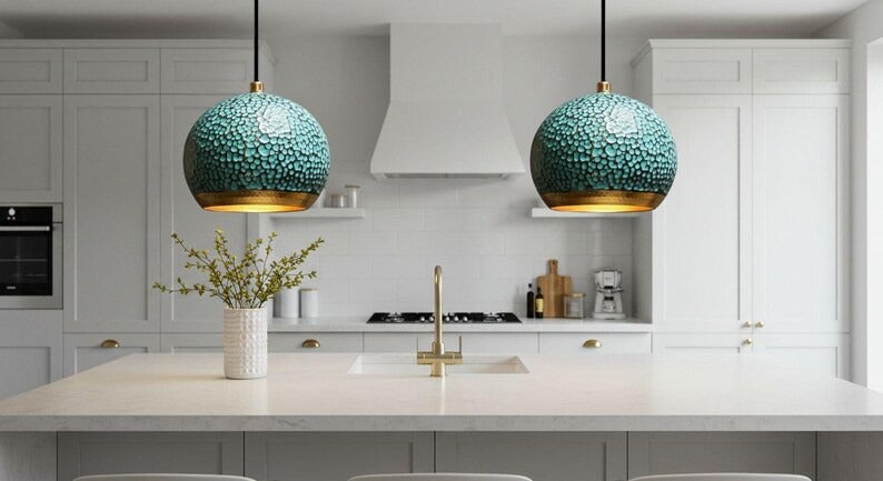 Handmade Moroccan Brass Globe Pendant Light – Hammered Turquoise Patina Brass Hanging Lamp with Warm Gold Interior, Boho Mediterranean Ceiling Light for Kitchen Island, Dining Room, Bedroom & Entryway