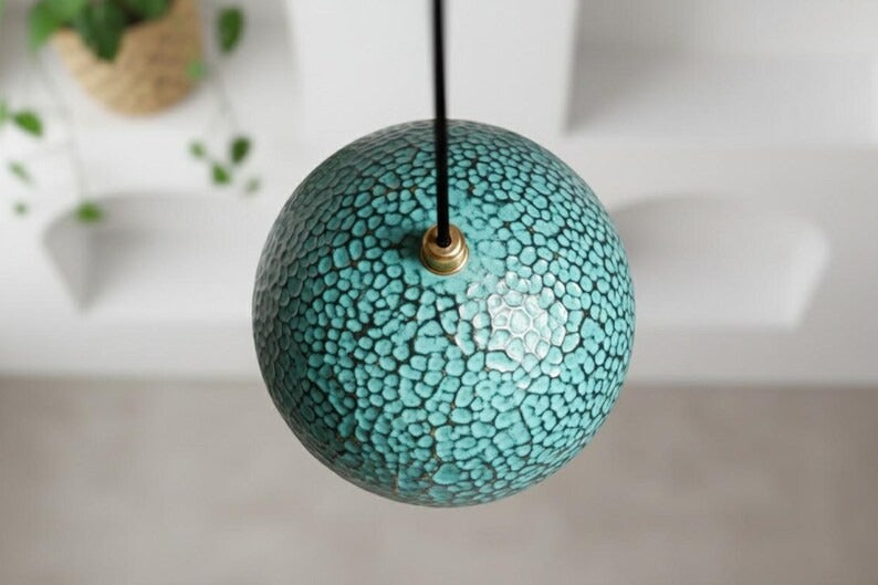 Handmade Moroccan Brass Globe Pendant Light – Hammered Turquoise Patina Brass Hanging Lamp with Warm Gold Interior, Boho Mediterranean Ceiling Light for Kitchen Island, Dining Room, Bedroom & Entryway