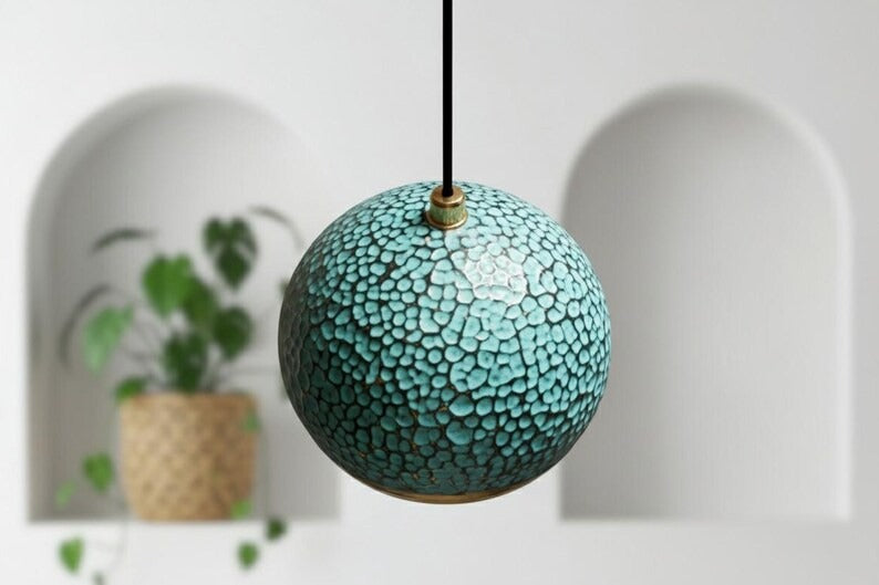 Handmade Moroccan Brass Globe Pendant Light – Hammered Turquoise Patina Brass Hanging Lamp with Warm Gold Interior, Boho Mediterranean Ceiling Light for Kitchen Island, Dining Room, Bedroom & Entryway