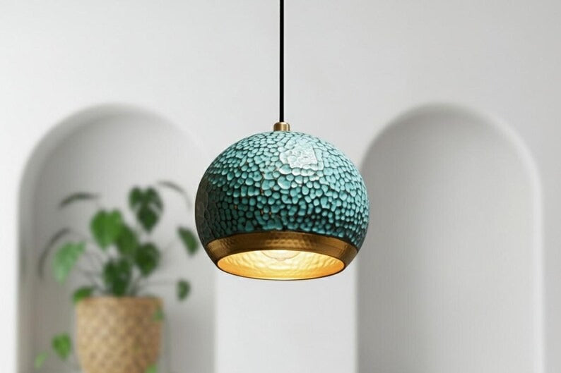 Handmade Moroccan Brass Globe Pendant Light – Hammered Turquoise Patina Brass Hanging Lamp with Warm Gold Interior, Boho Mediterranean Ceiling Light for Kitchen Island, Dining Room, Bedroom & Entryway