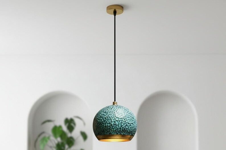 Handmade Moroccan Brass Globe Pendant Light – Hammered Turquoise Patina Brass Hanging Lamp with Warm Gold Interior, Boho Mediterranean Ceiling Light for Kitchen Island, Dining Room, Bedroom & Entryway