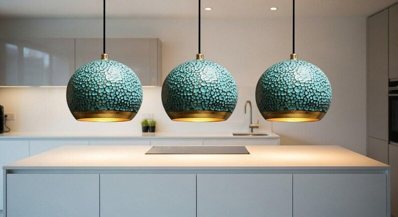 Handmade Moroccan Brass Globe Pendant Light – Hammered Turquoise Patina Brass Hanging Lamp with Warm Gold Interior, Boho Mediterranean Ceiling Light for Kitchen Island, Dining Room, Bedroom & Entryway