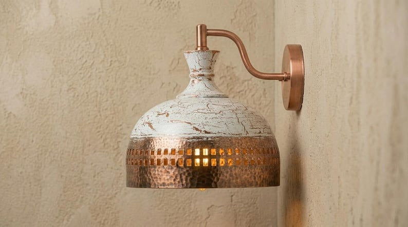 Handmade Brass Wall Sconce – White Patina & Copper Hammered Brass Dome Wall Light with Rectangular Cutout Band, Moroccan Rustic Farmhouse Wall Lamp
