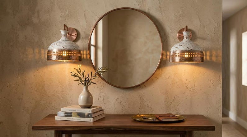 Handmade Brass Wall Sconce – White Patina & Copper Hammered Brass Dome Wall Light with Rectangular Cutout Band, Moroccan Rustic Farmhouse Wall Lamp