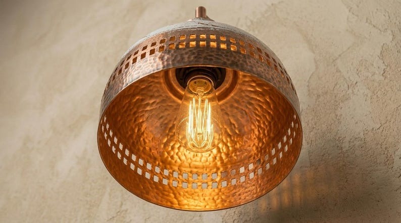 Handmade Brass Wall Sconce – White Patina & Copper Hammered Brass Dome Wall Light with Rectangular Cutout Band, Moroccan Rustic Farmhouse Wall Lamp
