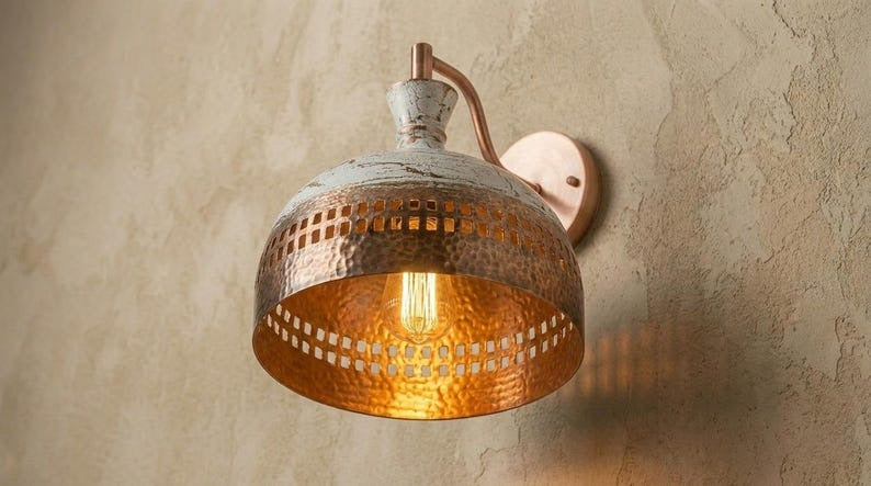 Handmade Brass Wall Sconce – White Patina & Copper Hammered Brass Dome Wall Light with Rectangular Cutout Band, Moroccan Rustic Farmhouse Wall Lamp