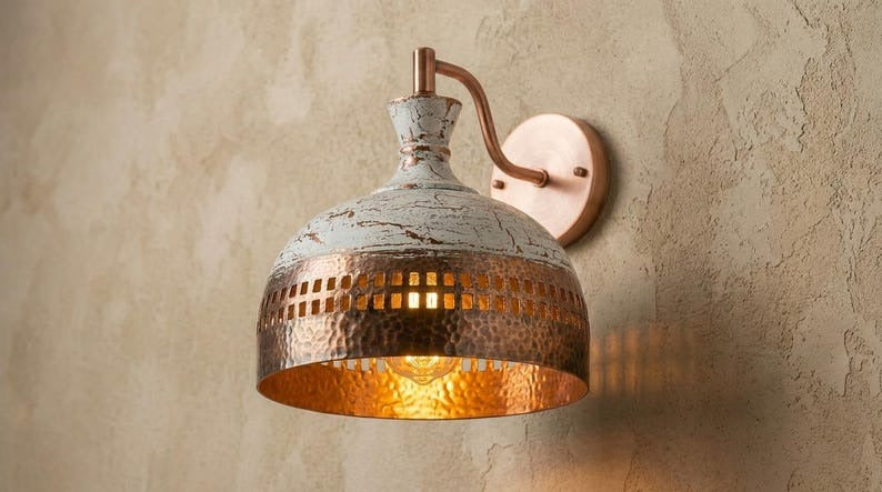 Handmade Brass Wall Sconce – White Patina & Copper Hammered Brass Dome Wall Light with Rectangular Cutout Band, Moroccan Rustic Farmhouse Wall Lamp