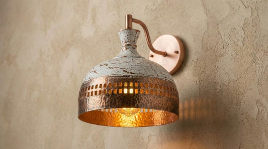 Handmade Brass Wall Sconce – White Patina & Copper Hammered Brass Dome Wall Light with Rectangular Cutout Band, Moroccan Rustic Farmhouse Wall Lamp