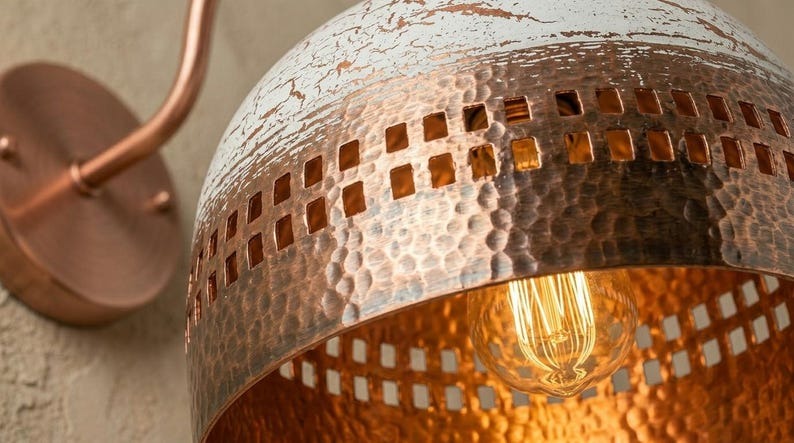 Handmade Brass Wall Sconce – White Patina & Copper Hammered Brass Dome Wall Light with Rectangular Cutout Band, Moroccan Rustic Farmhouse Wall Lamp