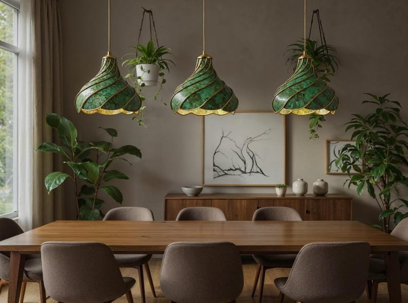 Green Patina Spiral Copper Pendant Light, Handmade Moroccan Scalloped Dome Chandelier, Verdigris Copper Kitchen Island Hanging Lamp, Boho Rustic Farmhouse Ceiling Light Fixture
